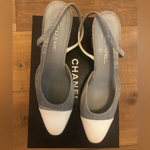 CHANEL Denim Blue and White Heels